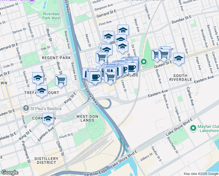 map of restaurants, bars, coffee shops, grocery stores, and more near 90 Broadview Avenue in Toronto