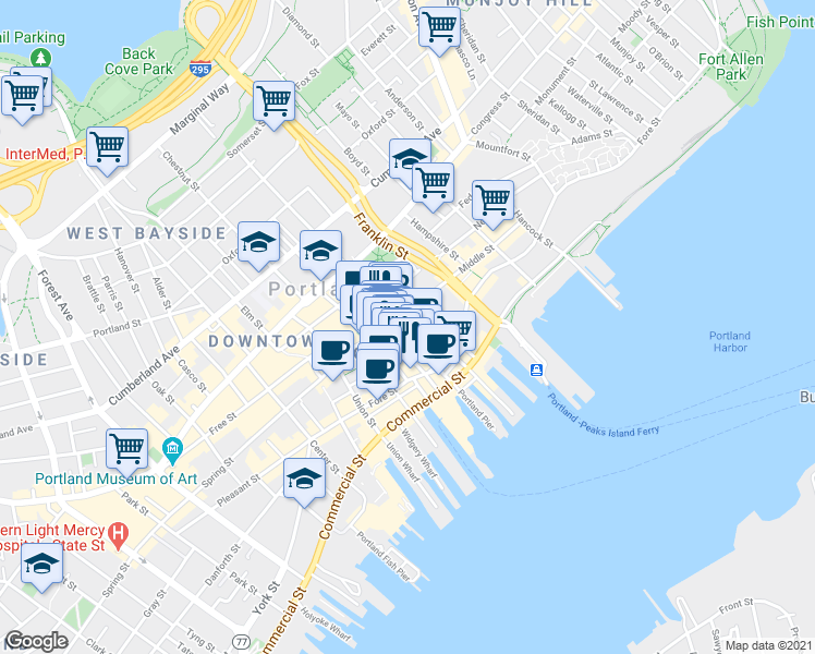 map of restaurants, bars, coffee shops, grocery stores, and more near in Portland