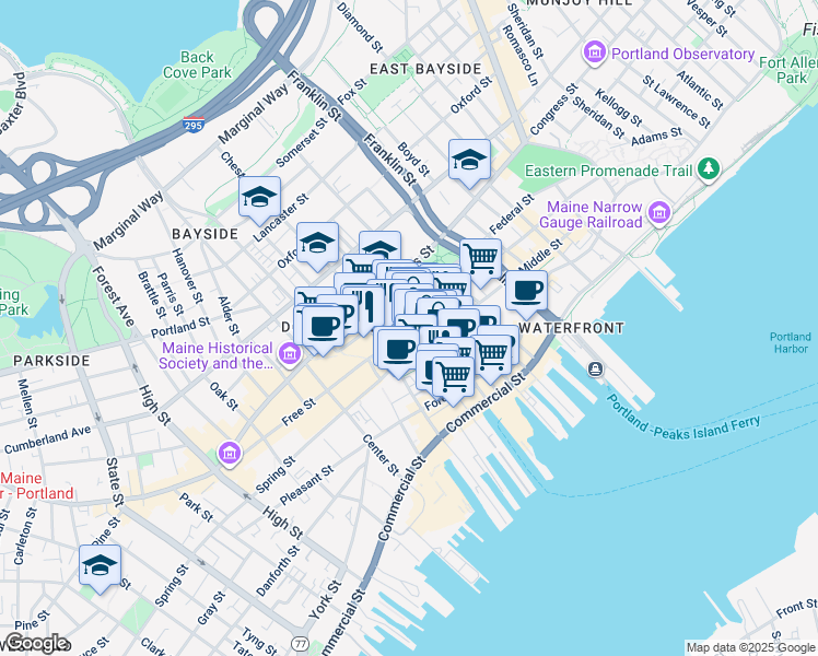 map of restaurants, bars, coffee shops, grocery stores, and more near 195 Middle Street in Portland