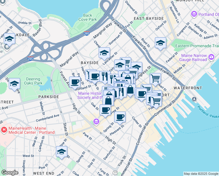 map of restaurants, bars, coffee shops, grocery stores, and more near 22 Preble Street in Portland
