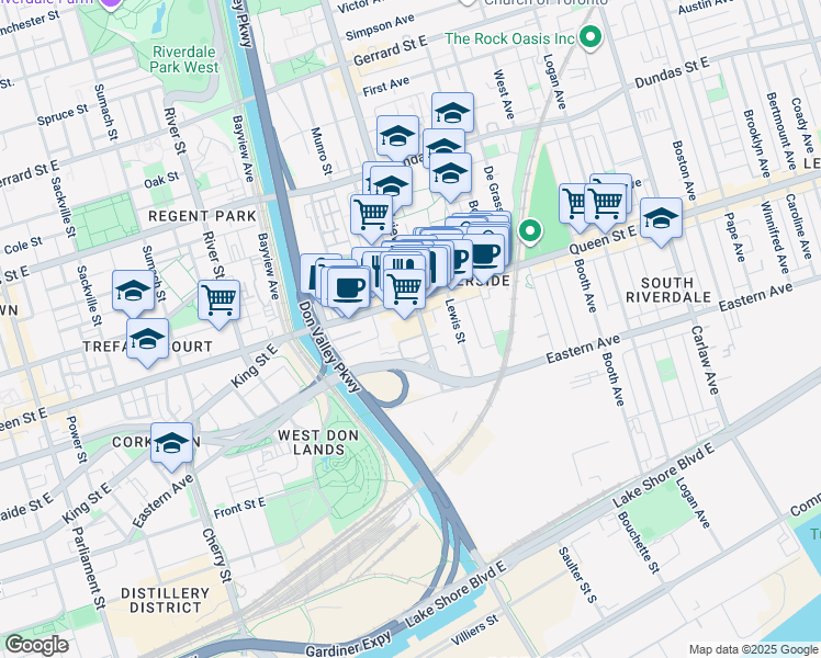 map of restaurants, bars, coffee shops, grocery stores, and more near in Toronto