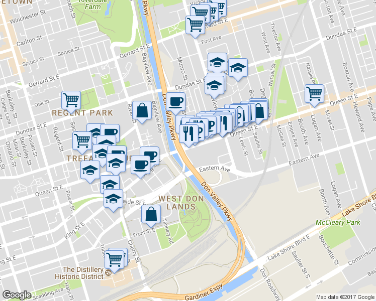 map of restaurants, bars, coffee shops, grocery stores, and more near in Toronto