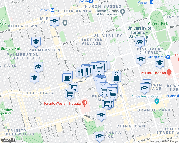 map of restaurants, bars, coffee shops, grocery stores, and more near 370 College Street in Toronto