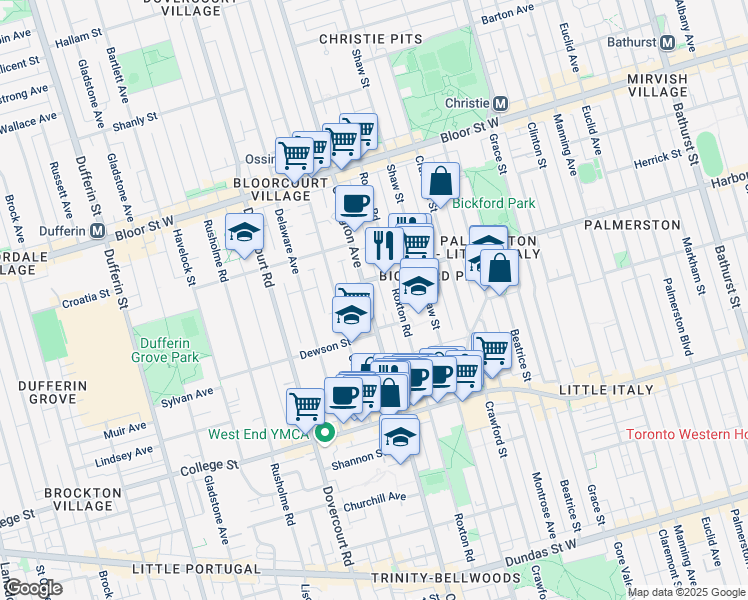 map of restaurants, bars, coffee shops, grocery stores, and more near in Toronto
