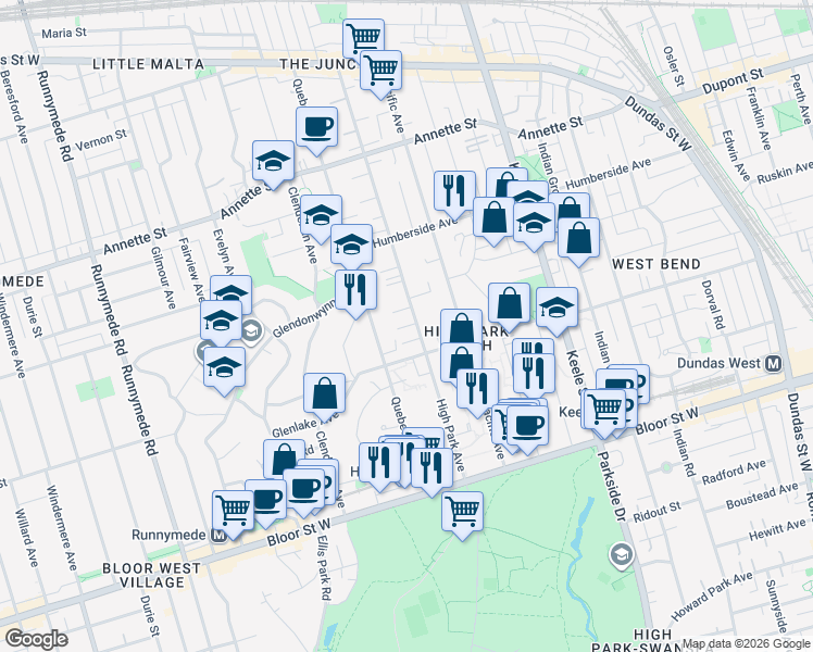 map of restaurants, bars, coffee shops, grocery stores, and more near 95 High Park Avenue in Toronto