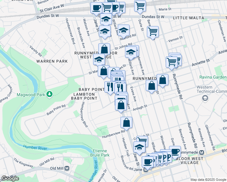 map of restaurants, bars, coffee shops, grocery stores, and more near in Toronto