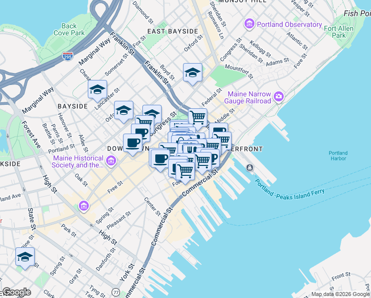 map of restaurants, bars, coffee shops, grocery stores, and more near 99 Silver Street in Portland