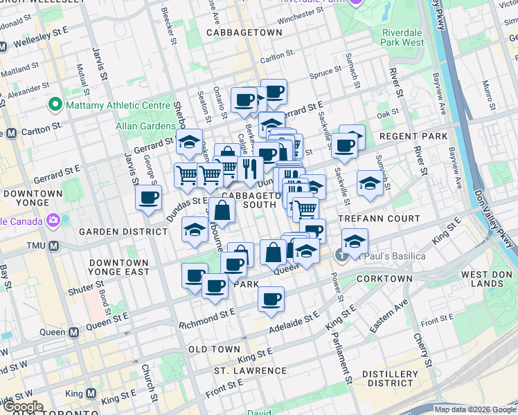 map of restaurants, bars, coffee shops, grocery stores, and more near 248 Milan Street in Toronto
