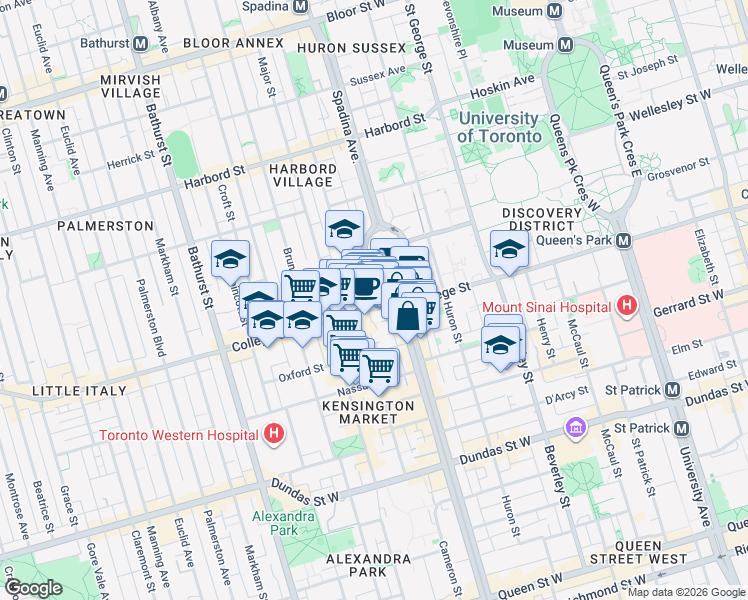 map of restaurants, bars, coffee shops, grocery stores, and more near 284 College Street in Toronto