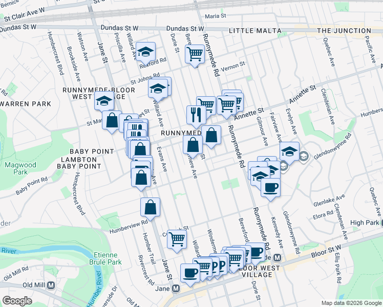 map of restaurants, bars, coffee shops, grocery stores, and more near 699 Windermere Avenue in Toronto