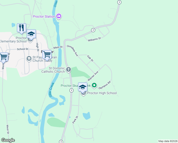 map of restaurants, bars, coffee shops, grocery stores, and more near 73 Ormsbee Avenue in Proctor
