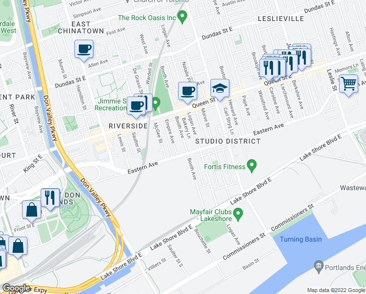 map of restaurants, bars, coffee shops, grocery stores, and more near in Toronto
