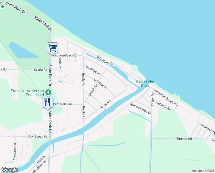 map of restaurants, bars, coffee shops, grocery stores, and more near 276 Oakdale Drive in Bay City