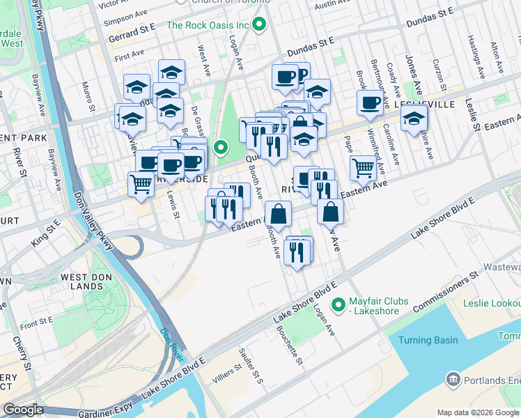 map of restaurants, bars, coffee shops, grocery stores, and more near 112 Booth Avenue in Toronto