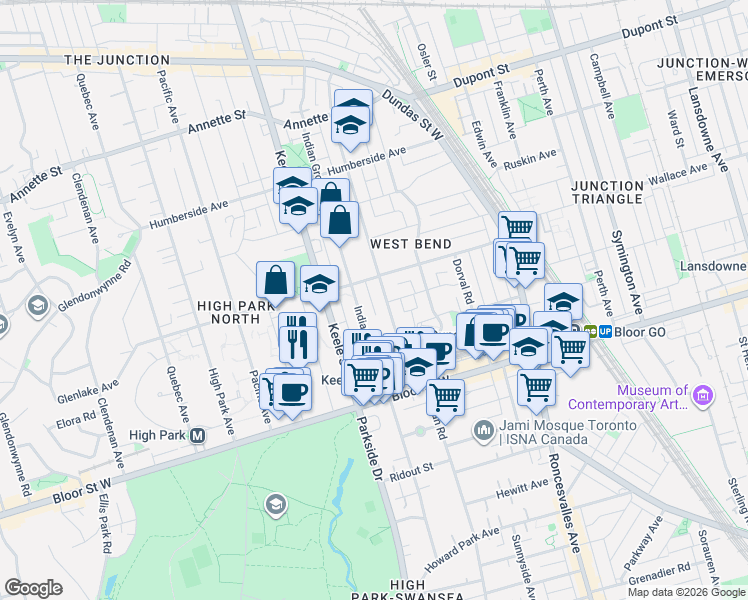 map of restaurants, bars, coffee shops, grocery stores, and more near 62 Indian Road Crescent in Toronto