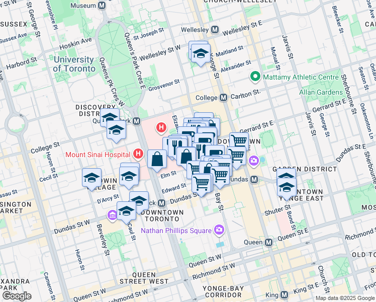 map of restaurants, bars, coffee shops, grocery stores, and more near 99 Gerrard Street West in Toronto
