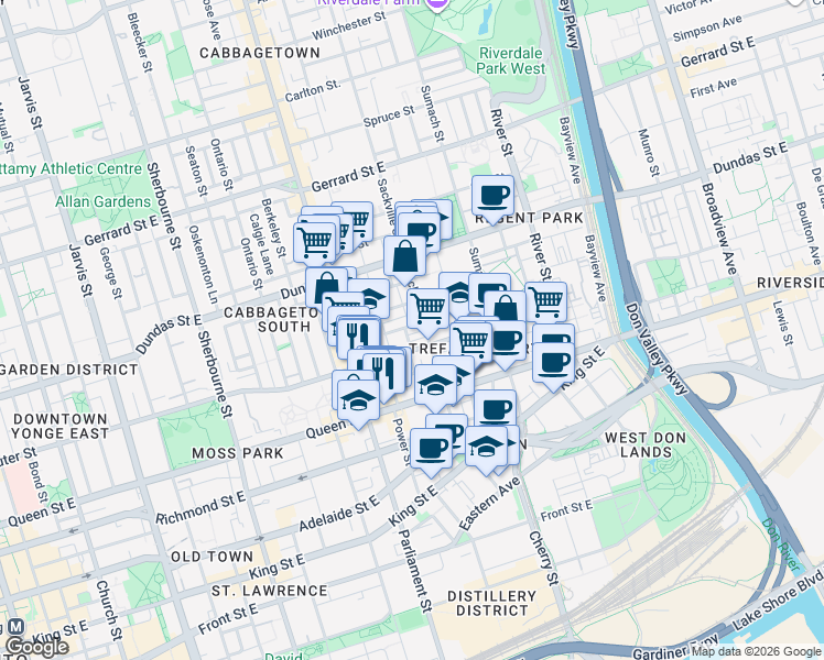 map of restaurants, bars, coffee shops, grocery stores, and more near 55 Sutton Avenue in Toronto