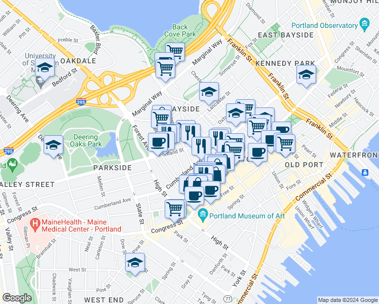 map of restaurants, bars, coffee shops, grocery stores, and more near 23 Hanover Street in Portland