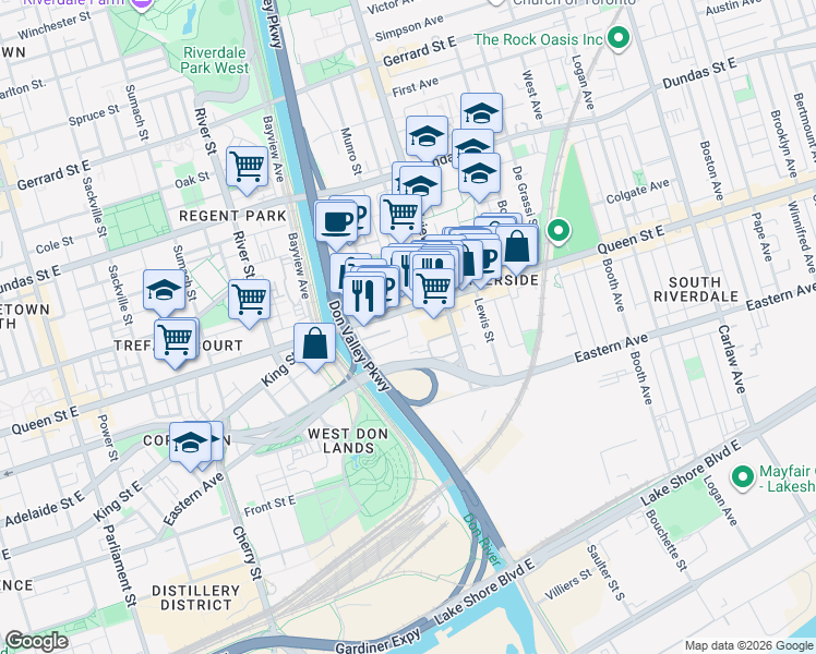 map of restaurants, bars, coffee shops, grocery stores, and more near 45 Baseball Place in Toronto