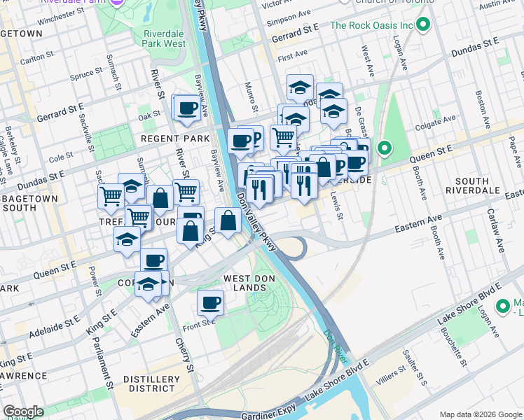 map of restaurants, bars, coffee shops, grocery stores, and more near 629 Queen Street East in Toronto