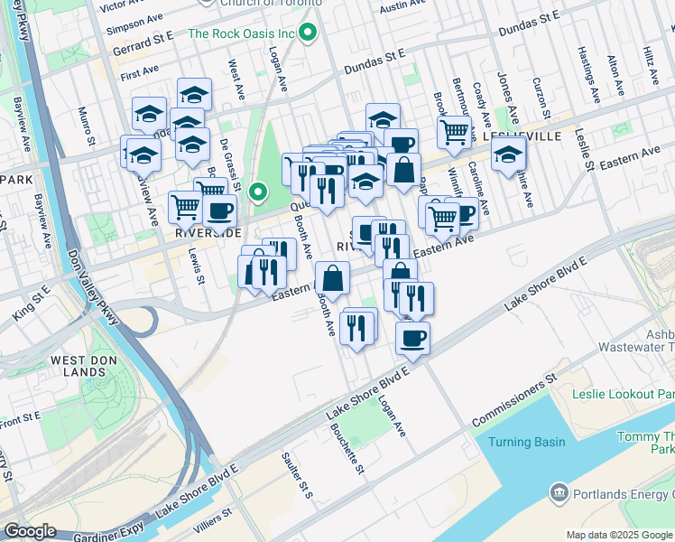 map of restaurants, bars, coffee shops, grocery stores, and more near 150 Logan Avenue in Toronto