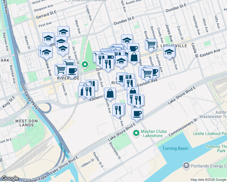 map of restaurants, bars, coffee shops, grocery stores, and more near 488 Eastern Avenue in Toronto