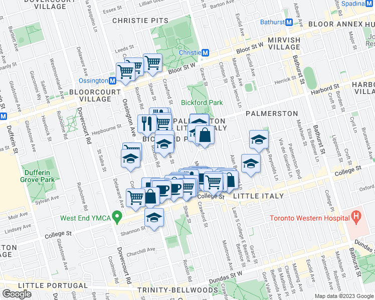 map of restaurants, bars, coffee shops, grocery stores, and more near 541 Shaw Street in Toronto
