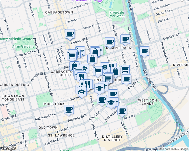 map of restaurants, bars, coffee shops, grocery stores, and more near 53 Sutton Avenue in Toronto