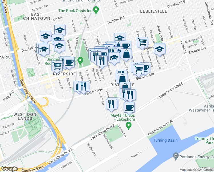 map of restaurants, bars, coffee shops, grocery stores, and more near 488 Eastern Avenue in Toronto