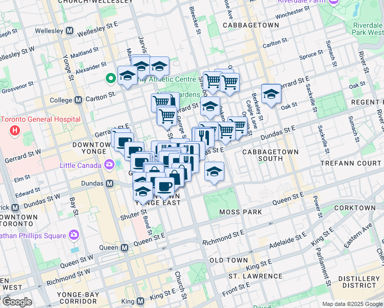 map of restaurants, bars, coffee shops, grocery stores, and more near 283 George Street in Toronto