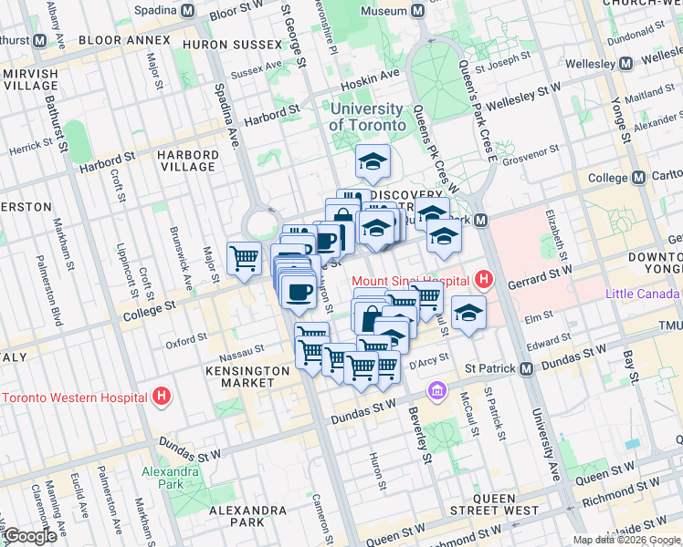 map of restaurants, bars, coffee shops, grocery stores, and more near 34 Ross Street in Toronto