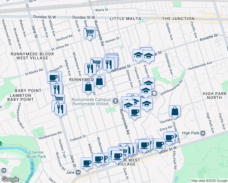 map of restaurants, bars, coffee shops, grocery stores, and more near in Toronto