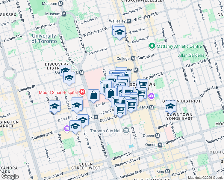 map of restaurants, bars, coffee shops, grocery stores, and more near 99 Gerrard Street West in Toronto