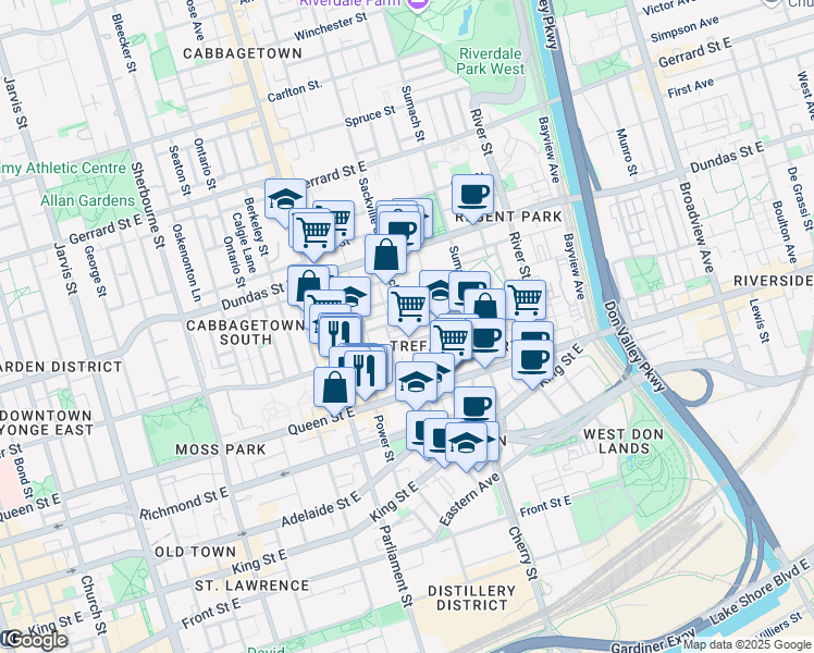 map of restaurants, bars, coffee shops, grocery stores, and more near 225 Sackville Green in Toronto