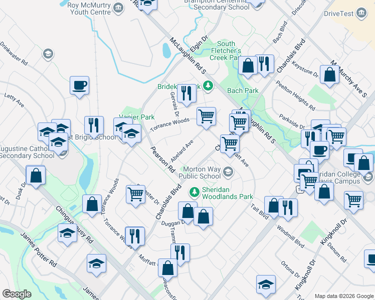 map of restaurants, bars, coffee shops, grocery stores, and more near 29 Abelard Avenue in Brampton