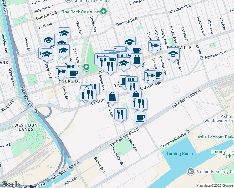 map of restaurants, bars, coffee shops, grocery stores, and more near 492 Eastern Avenue in Toronto
