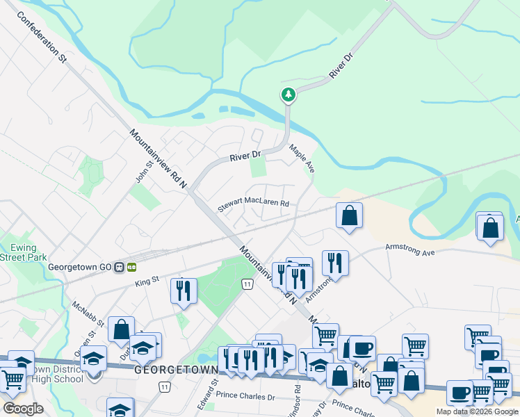map of restaurants, bars, coffee shops, grocery stores, and more near 10 A Wylie Circle in Halton Hills
