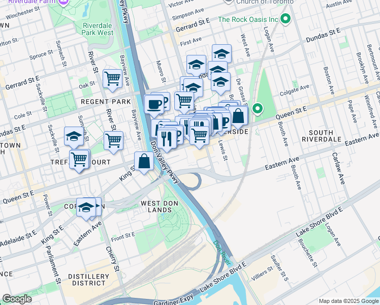 map of restaurants, bars, coffee shops, grocery stores, and more near 45 Baseball Place in Toronto