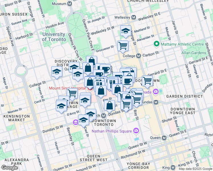map of restaurants, bars, coffee shops, grocery stores, and more near 150 Gerrard Street West in Toronto