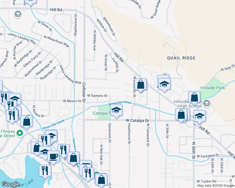 map of restaurants, bars, coffee shops, grocery stores, and more near 4479 West Bloom Street in Boise