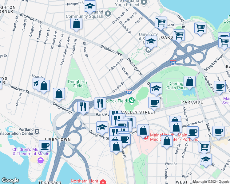 map of restaurants, bars, coffee shops, grocery stores, and more near 393 Saint John Street in Portland