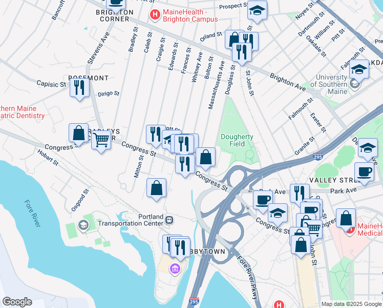 map of restaurants, bars, coffee shops, grocery stores, and more near 1227 Congress Street in Portland