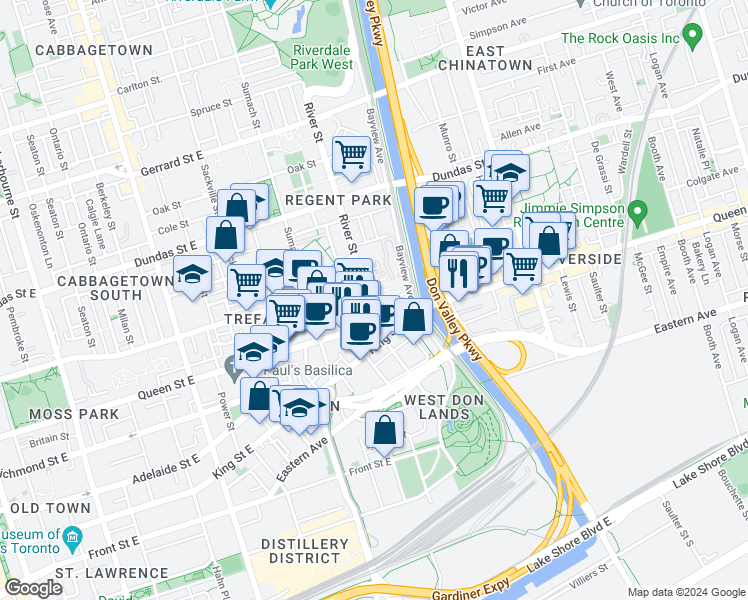 map of restaurants, bars, coffee shops, grocery stores, and more near in Toronto