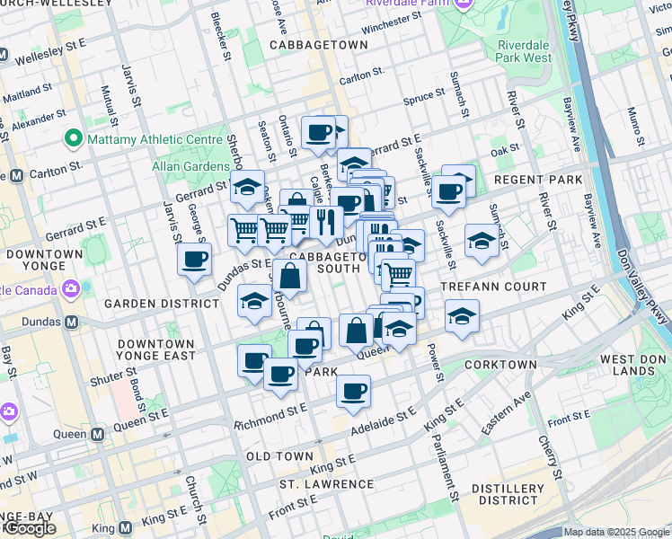 map of restaurants, bars, coffee shops, grocery stores, and more near in Toronto