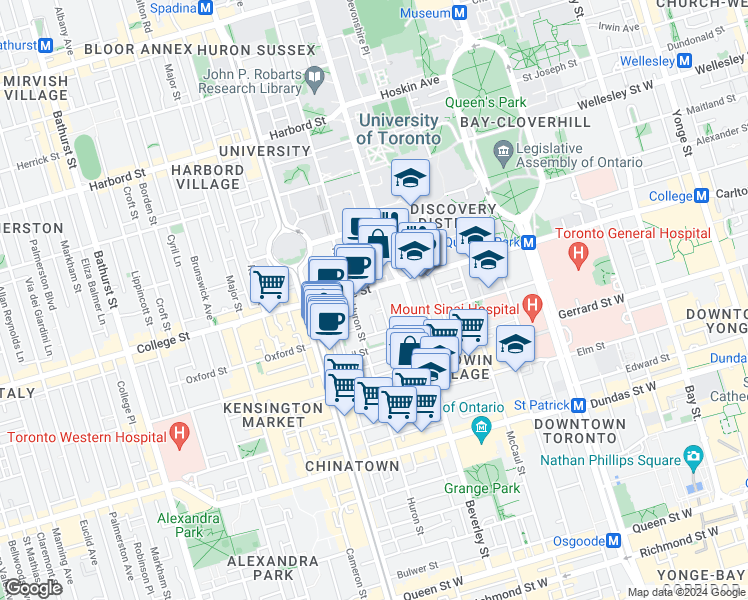 map of restaurants, bars, coffee shops, grocery stores, and more near 20 Ross Street in Toronto