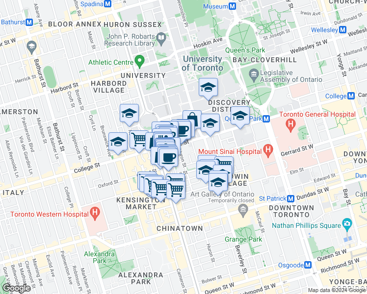 map of restaurants, bars, coffee shops, grocery stores, and more near in Toronto
