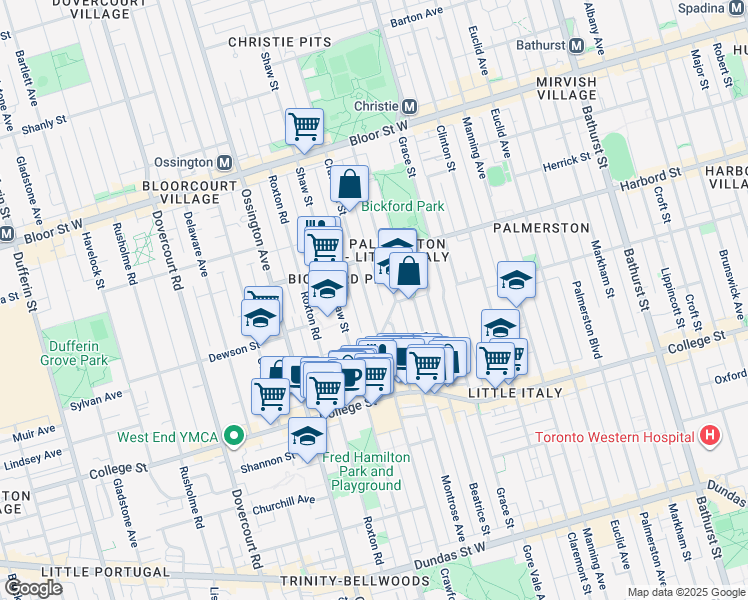map of restaurants, bars, coffee shops, grocery stores, and more near in Toronto