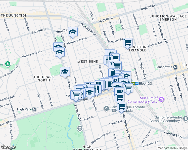 map of restaurants, bars, coffee shops, grocery stores, and more near in Toronto