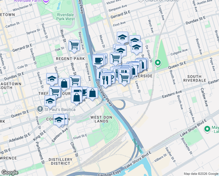 map of restaurants, bars, coffee shops, grocery stores, and more near 639 Queen Street East in Toronto