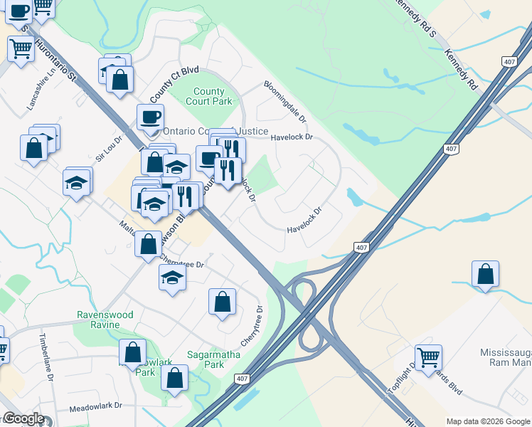 map of restaurants, bars, coffee shops, grocery stores, and more near 151 Havelock Drive in Brampton